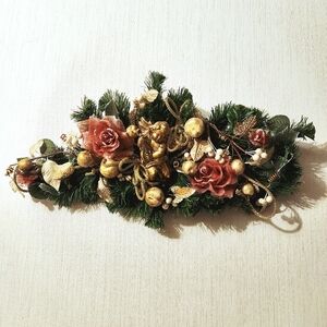 Christmas Swag Wreath Cherub Rose 23" Angel Flower Gold White Mauve Pink